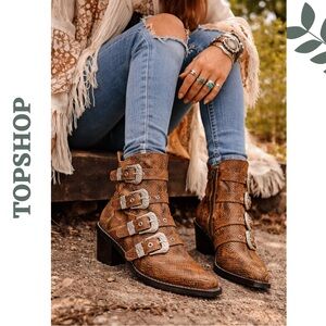 TOPSHOP Snakeskin Ankle Boots Brown Leather Buckle Size 11.5 EU 42